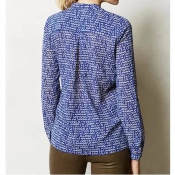 Anthropology HD In Paris Blue & White Patterned Long Sleeve Blouse - US 0 - Picture 2 of 8